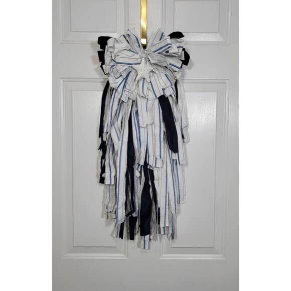 Beach Rag Bow, Starfish Rag Bow, Summer Coastal White/Blue Stripe Wreath Rag Bow - Picture 11 of 12